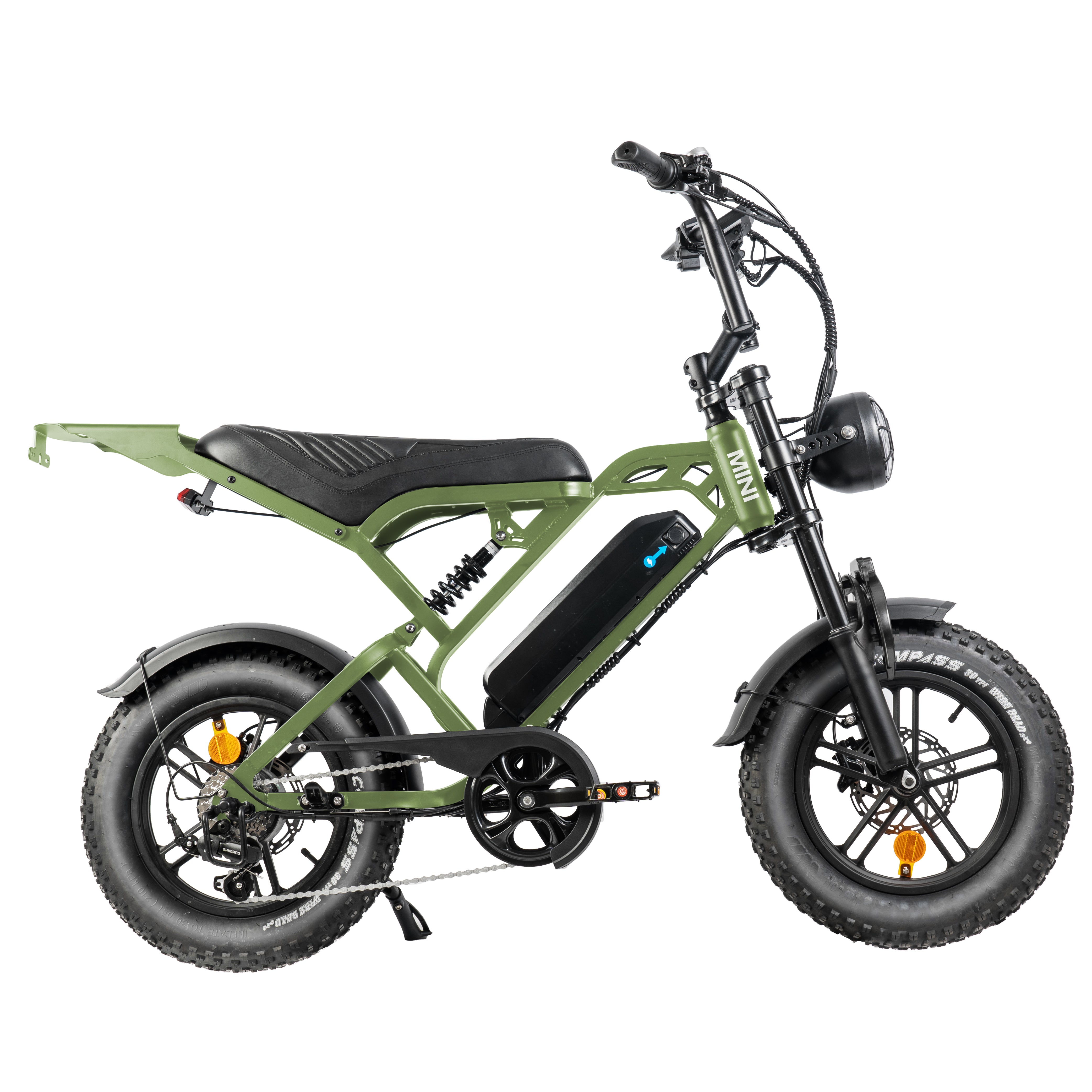 V20 Mini Fatbike – Kinderfatbike met Hydraulische Remmen & Gashendel - Army Green - Stoer, Veilig en Straatlegaal!