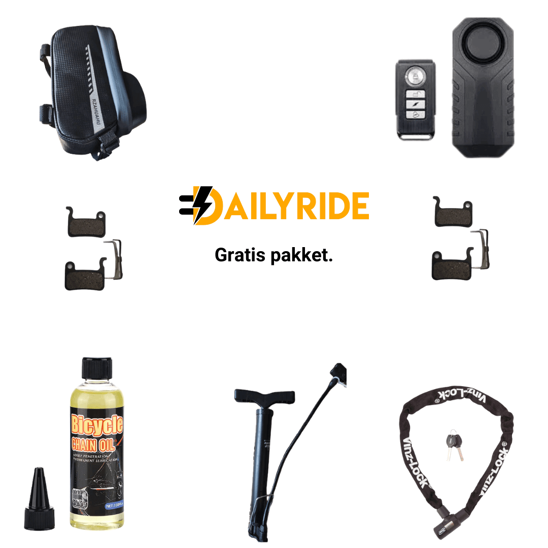 Gratis accesoires - Engwe | Alarm | Kettingslot | 4 Remblokken | Kettingolie | Fietspomp - Dailyride